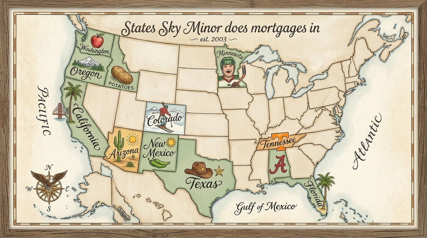 Map of the United States showing the states Sky Minor provides mortgage lending in